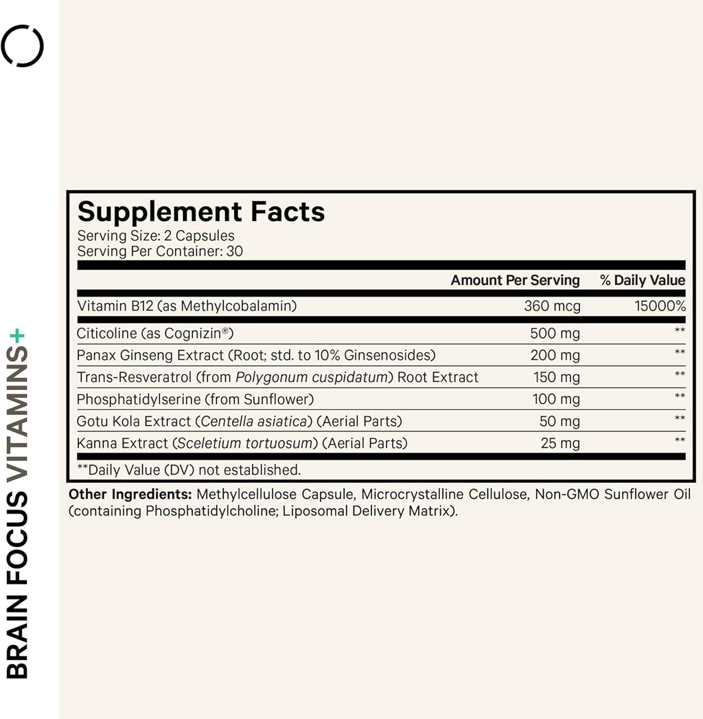 Codeage Brain Focus Vitamins+ Nootropic Supplement with Citicoline as Cognizin, Panax Ginseng, Resveratrol, Gotu Kola, Vitamin B12 Methylcobalamin - Liposomal Delivery - Non-GMO - 60 Capsules