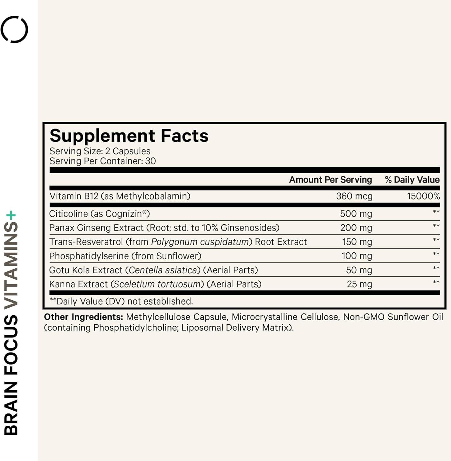Codeage Brain Focus Vitamins+ Nootropic Supplement with Citicoline as Cognizin, Panax Ginseng, Resveratrol, Gotu Kola, Vitamin B12 Methylcobalamin - Liposomal Delivery - Non-GMO - 60 Capsules