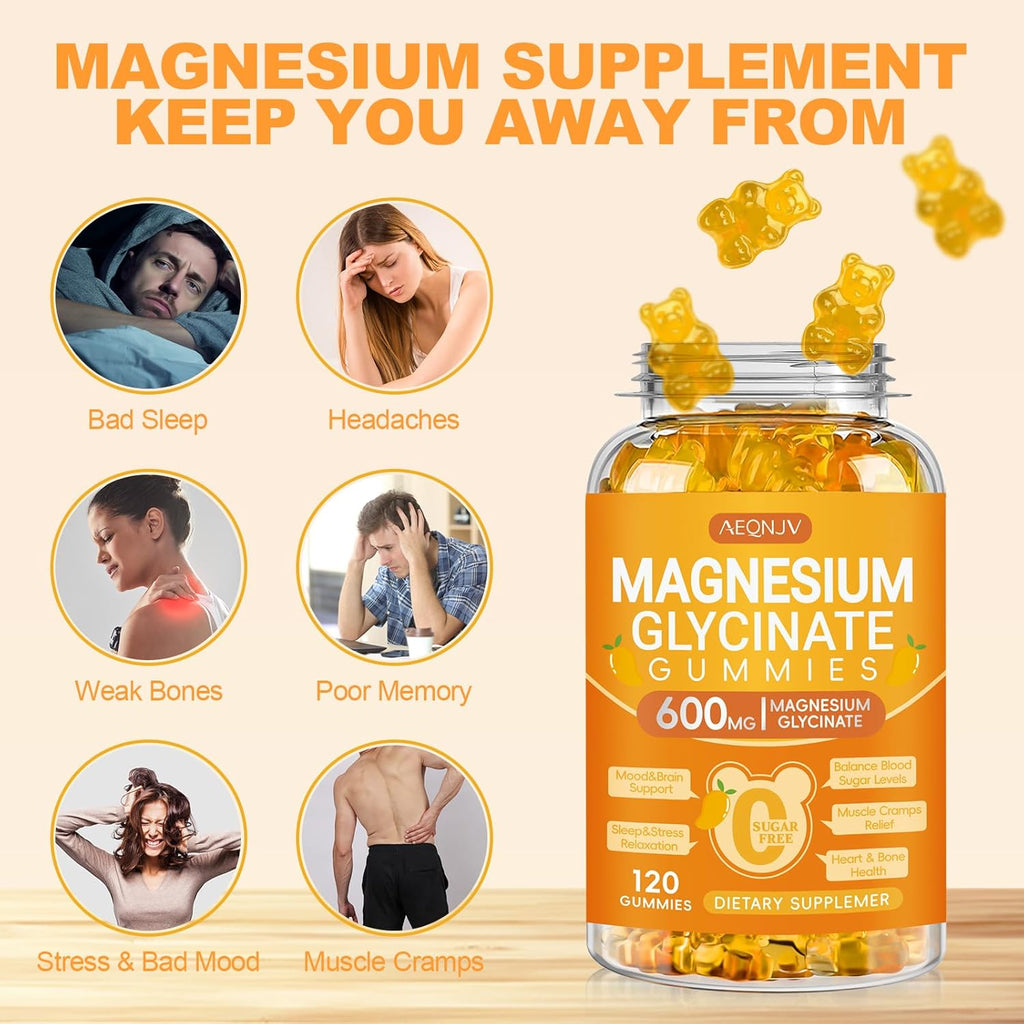 Magnesium Glycinate Gummies 600mg, Chewable Sugar Free Potassium Gummies with Magnesium Glycinate, Vitamin D, B6 and CoQ10 for Sleep, Relaxation, Brain & Muscle, 2 Pack