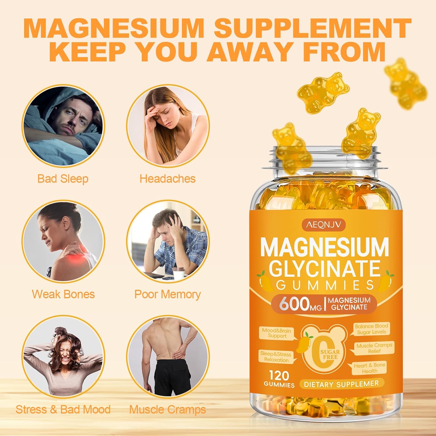 Magnesium Glycinate Gummies 600mg, Chewable Sugar Free Potassium Gummies with Magnesium Glycinate, Vitamin D, B6 and CoQ10 for Sleep, Relaxation, Brain & Muscle, 2 Pack