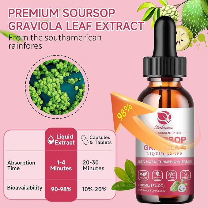 (2 Pack) Soursop Graviola Leaf Extract Liquid Drop Plus Pure Botanical Sea Moss for Cell Support & Regeneration, Immunity and Gut Health, Soursop Bitters Liquid丨Full Texture,Strawberry Flavor,1 Fl Oz