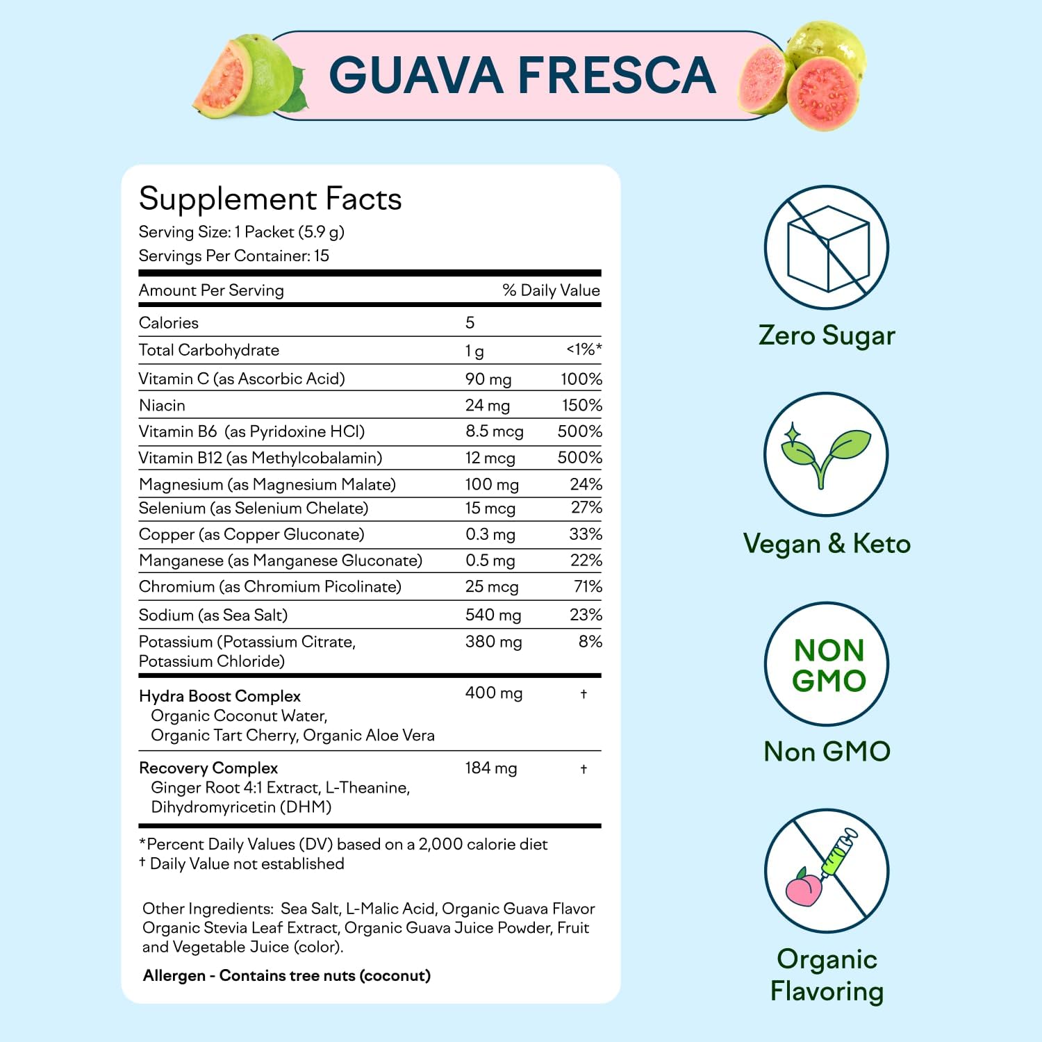Feel Goods Hydration Hero, 1,000mg Electrolytes Powder, Sugar Free, Magnesium, Organic Coconut Water, L Theanine, Vitamin C & B12, Non GMO, Keto, Vegan, Electrolyte Packets | Guava Fresca, 15 Count