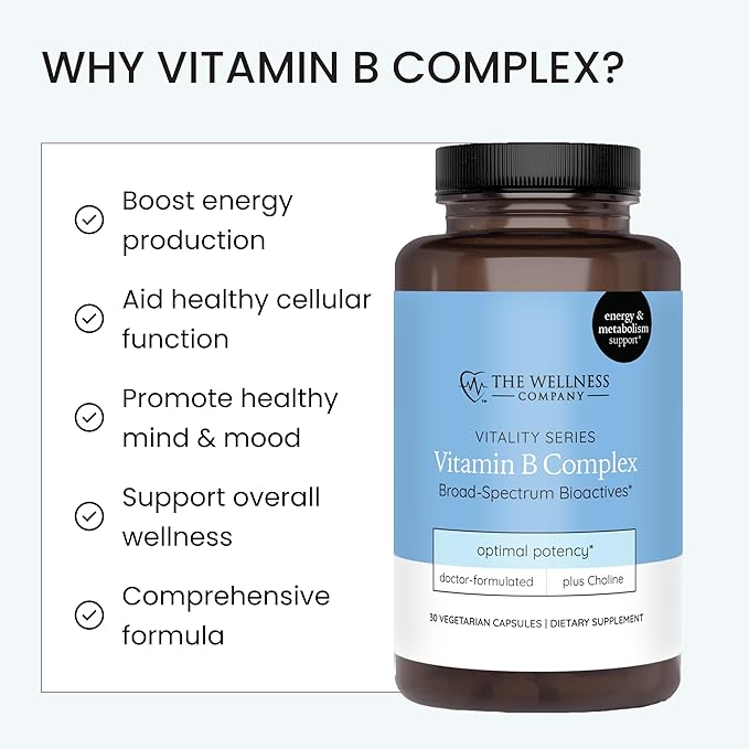The Wellness Company Vitamin B Complex – Muscle Recovery, Focus & Resilience, Broad-Spectrium Methylated B Vitamins | 30ct (1 Month Supply)