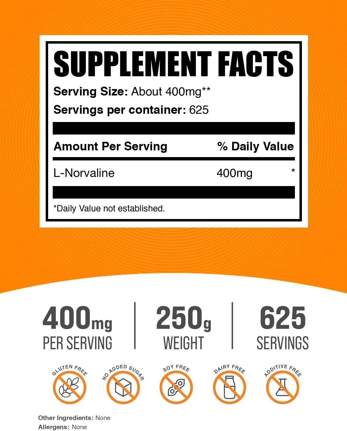 BulkSupplements.com L-Norvaline Powder - L-Norvaline Supplement, Nitric Oxide Supplement - Amino Acid Supplement, Gluten Free, 400mg per Serving, 250g (8.8 oz) (Pack of 1)