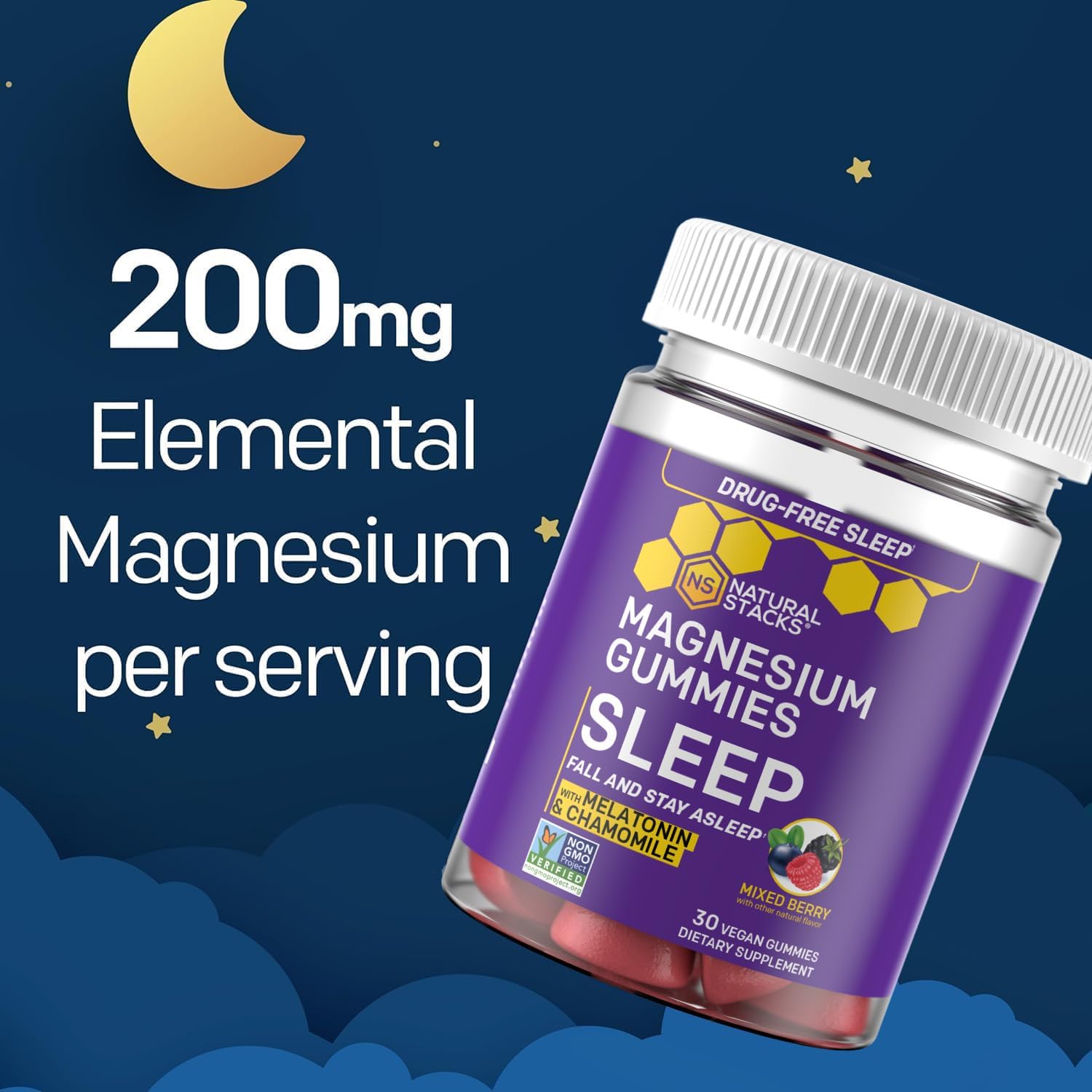 Sleep Magnesium Gummies with Melatonin - 200mg Magnesium Citrate - Melatonin Gummies for Sleep Quality - Nighttime Aid for Adults with Chamomile - 30 Mixed Berry Chewables