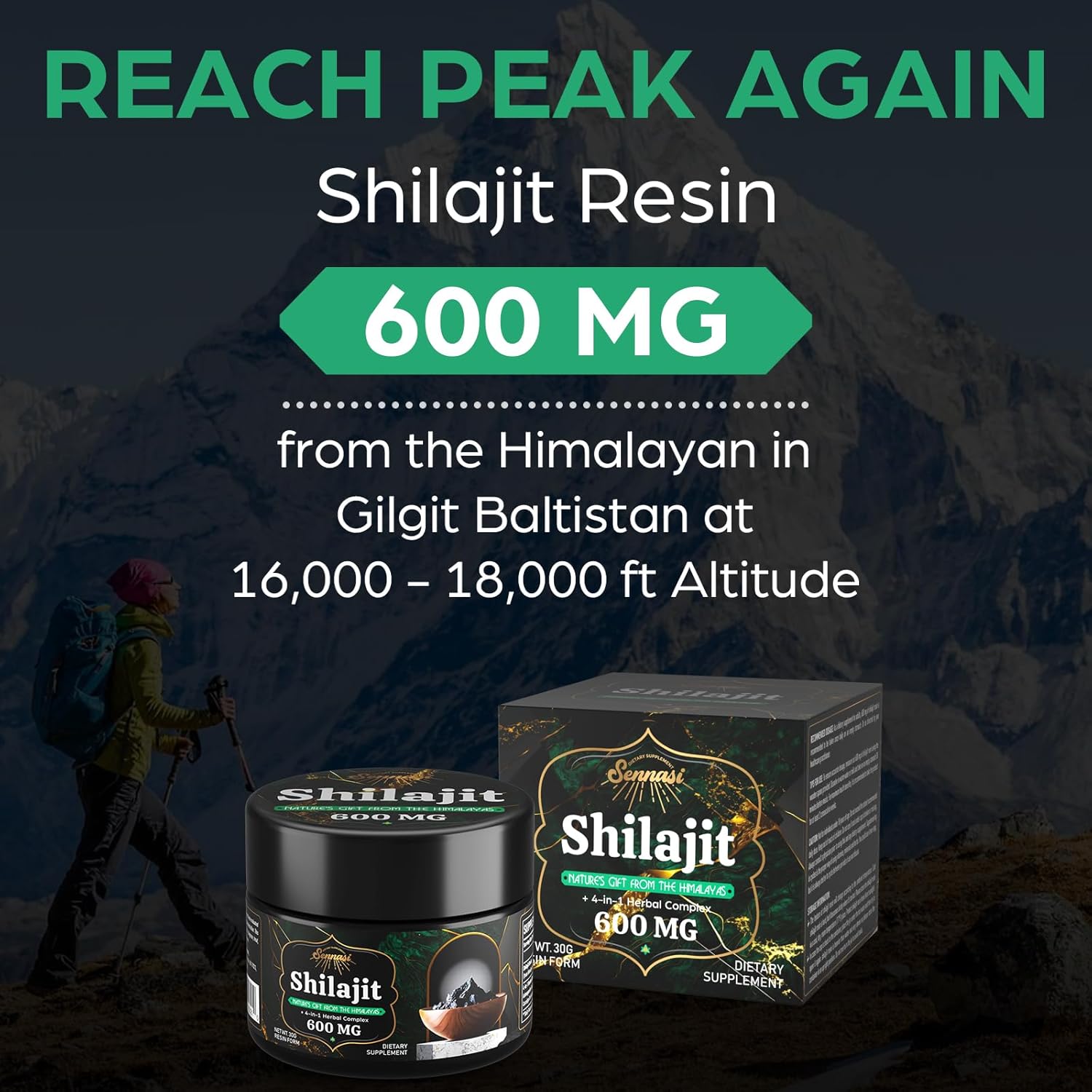 Sennasi 600 MG Shilajit Resin - Shilajit Supplement with Fulvic Acid & 85+ Trace Minerals for Energy, Immunity, Brain Power, 60 Grams