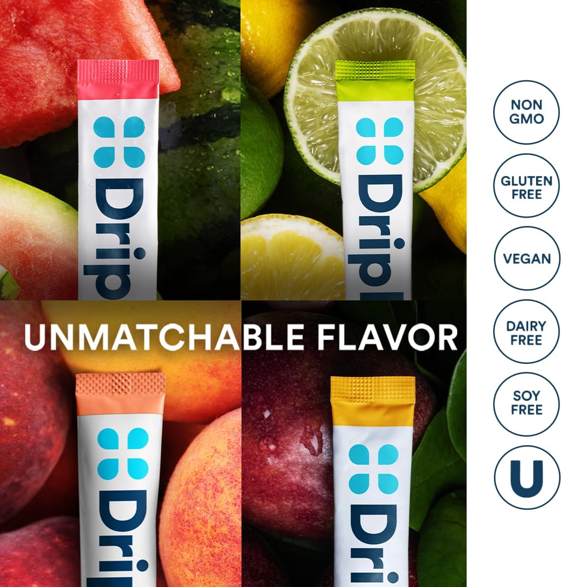 DripDrop Sugar Free Hydration Packets - Zero Classic Variety Pack - Single Serve Electrolytes Powder Drink Mix - Lemon Lime, Watermelon, Peach, Passion Fruit - Non-GMO, Gluten Free, Vegan - 16 Sticks
