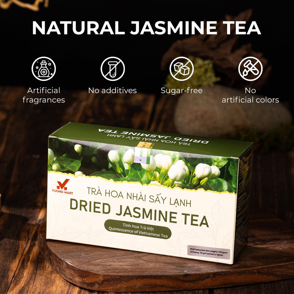 VUONGMART Dried Jasmine Buds Tea, 100% Hand Pick, Stevia, Honeyydew, Heat Pump Drying, Organic Herbal Tea, 30 Tea Bags, Gluten Free, Dairy Free, Sugar Free & Natural, Energy Boost & Health Support