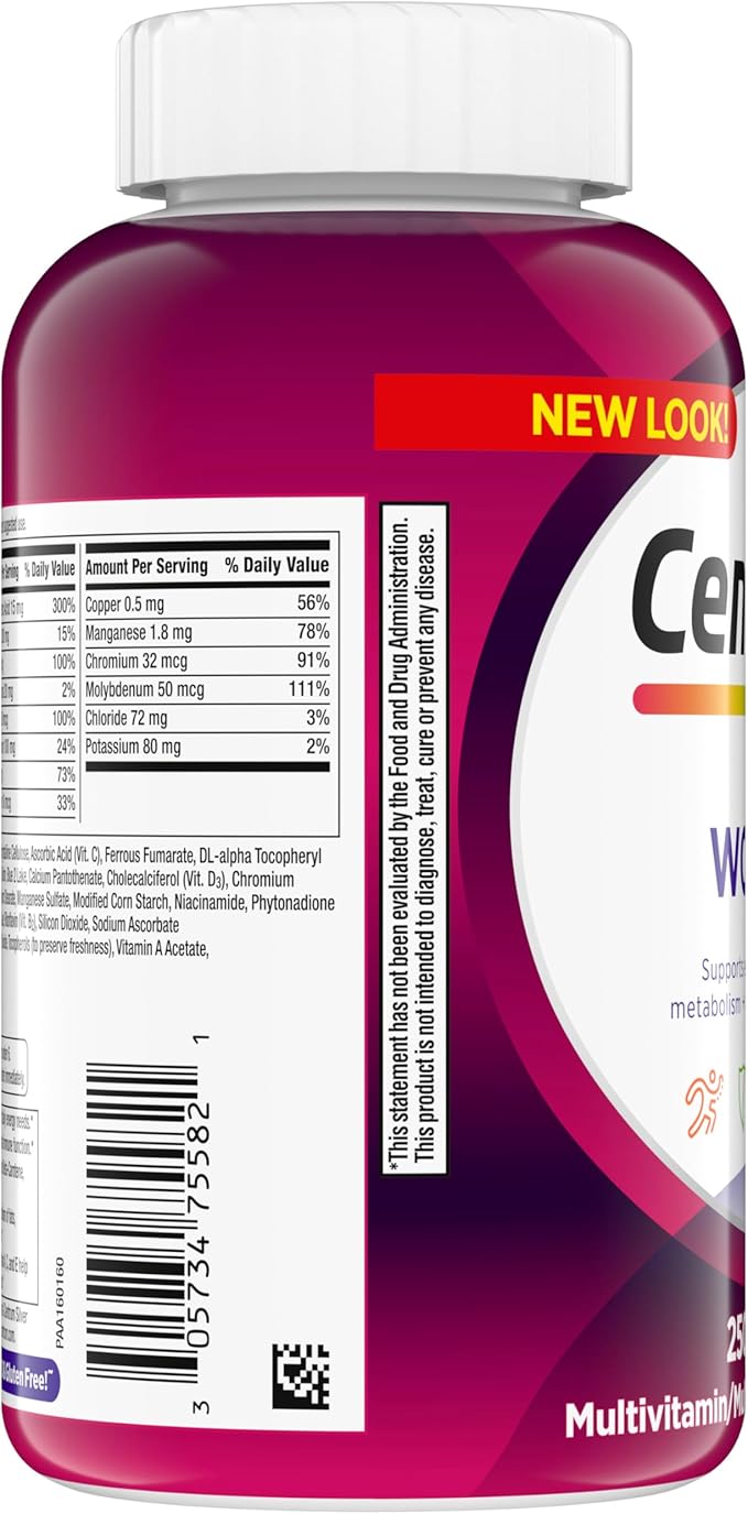 Centrum Multivitamin for Women, Multimineral Supplement with Iron, Vitamin D3, B Vitamins and Antioxidant Vitamins C and E, Gluten Free, Non-GMO Ingredients - 250 Count