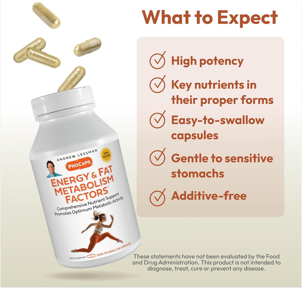 ANDREW LESSMAN Energy and Fat Metabolism Factors 180 Capsules - Promotes Optimum Fat Burning and Energy Metabolism, with Carnitine, Green Tea, Guarana, Ginseng, B-Complex. Easy to Swallow Capsules