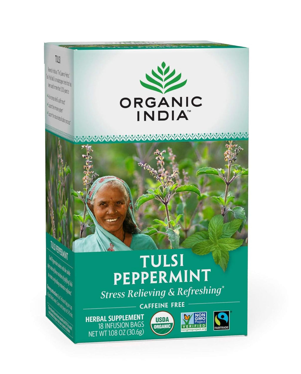 Organic India Tulsi Peppermint Herbal Tea - Holy Basil, Stress Relieving & Refreshing, Immune Support, Aids Digestion, USDA Certified Organic, Fairtrade, Caffeine-Free - 18 Infusion Bags, 1 Pack