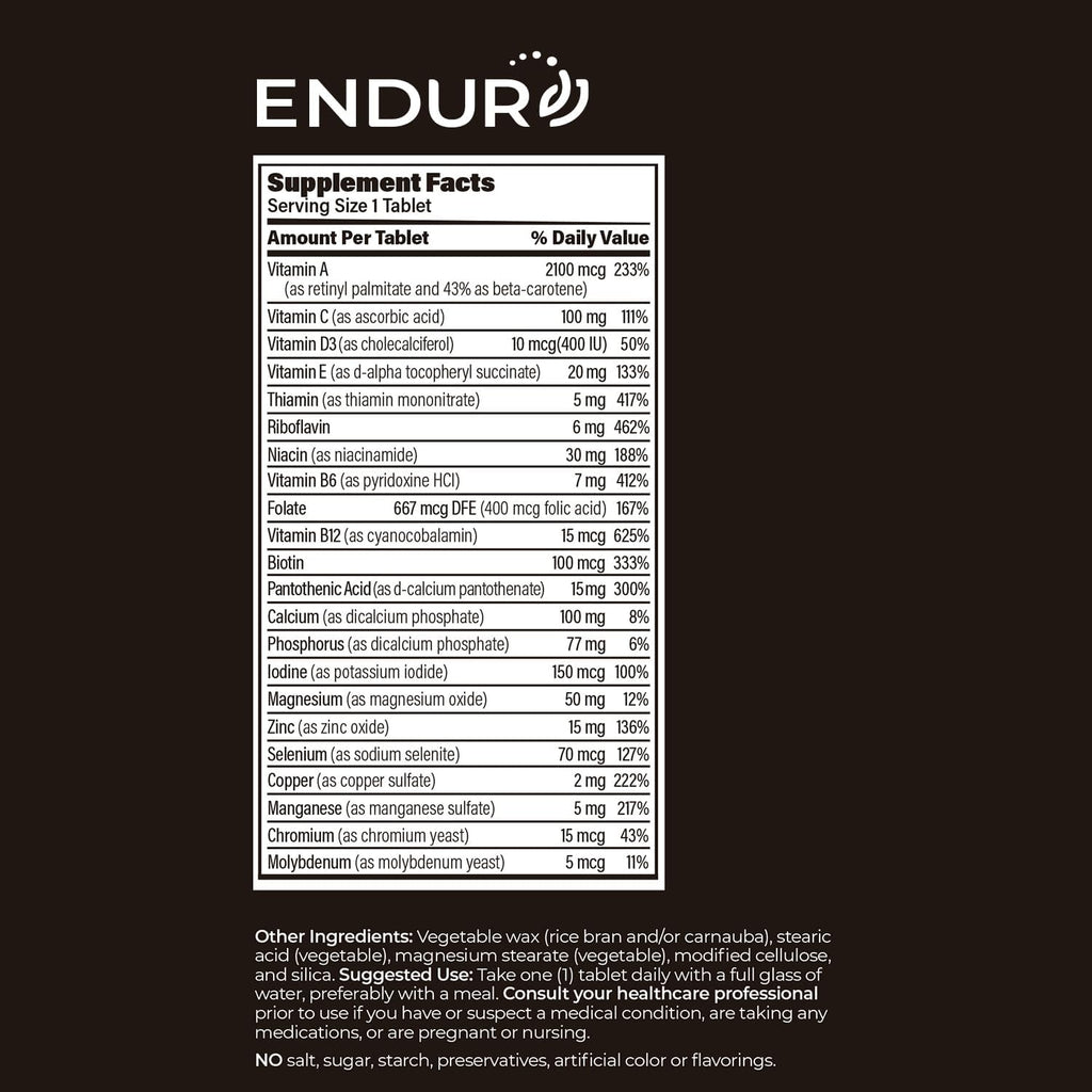 ENDUR-VM - Without Iron – Sustained-Release Daily Multi-Vitamin - Vitamin A, Vitamin C, Vitamin D, Vitamin E, Vitamin B12 - Zinc for Immune Health Support + Calcium & More - 150 Tablets