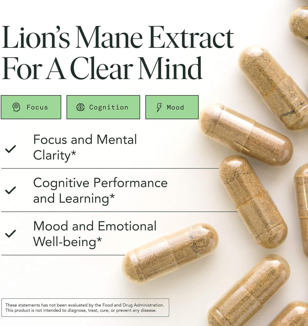 Lions Mane Supplement Capsules, Lion's Mane Mushroom Supplement for Memory, Focus & Mood support, Adaptogen Functional Mushrooms Extract - 100% USDA Organic, Vegan- Glass Jar, 120 Caps, 2 Month Supply