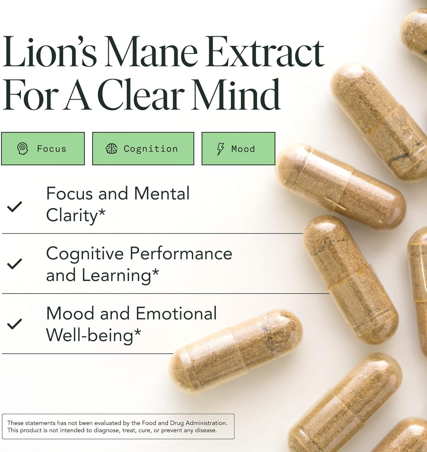 Lions Mane Supplement Capsules, Lion's Mane Mushroom Supplement for Memory, Focus & Mood support, Adaptogen Functional Mushrooms Extract - 100% USDA Organic, Vegan- Glass Jar, 120 Caps, 2 Month Supply