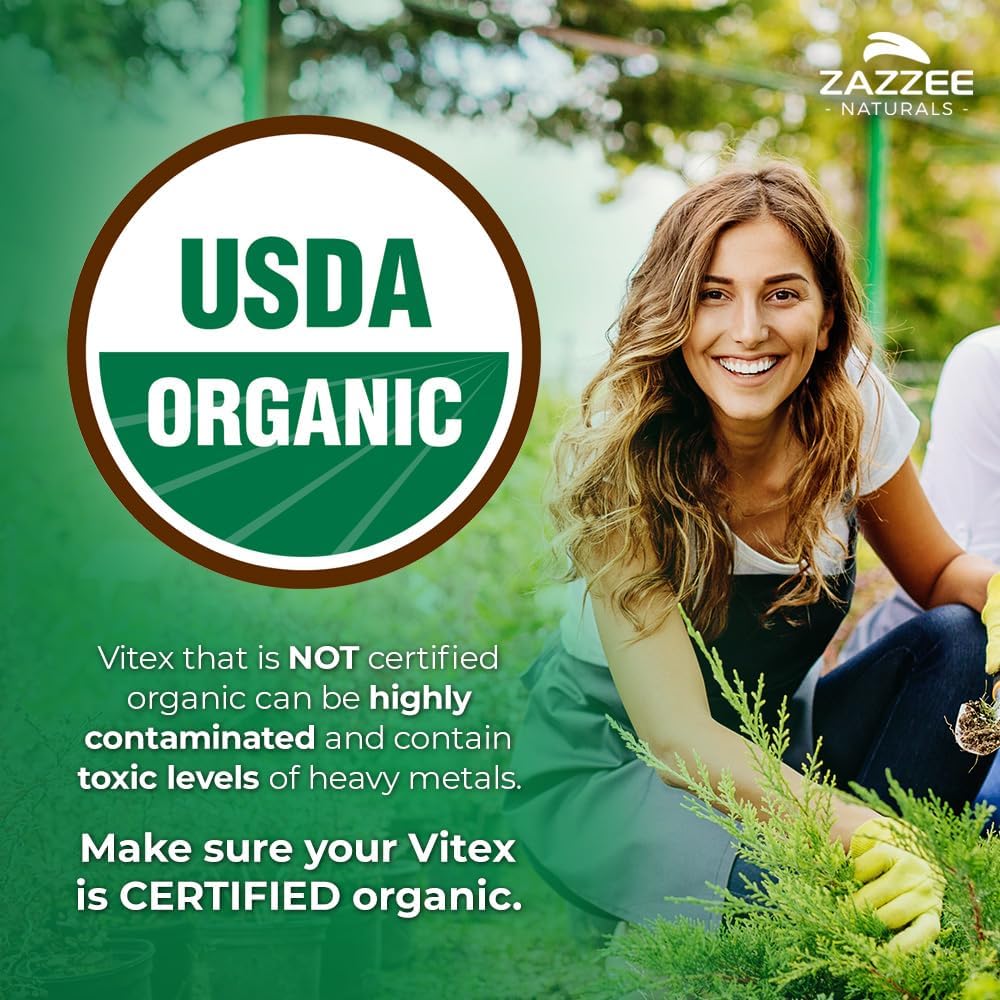 Zazzee USDA Organic Vitex, 500 mg Strength, 120 Vegan Capsules, 4 Month Supply, Kosher, Standardized and Concentrated 4X Extract, Whole USDA Certified Organic Chaste Berry, All-Natural and Non-GMO
