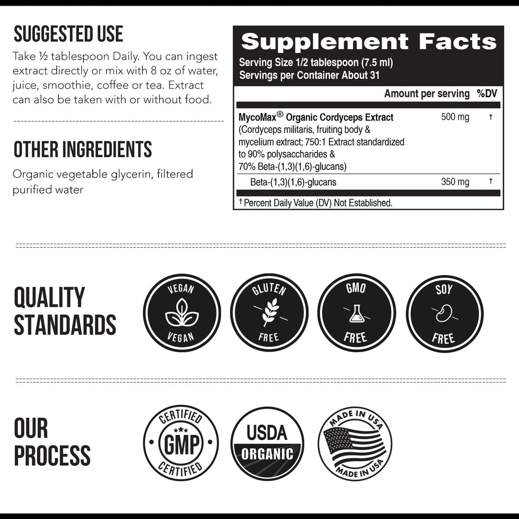 Organic Cordyceps Mushroom Extract - 70% Beta Glucans - Highest Active Nutrient Levels, Max Potency Cordyceps Tincuture, US Grown + Ultrasonic Extraction - Performance, Immunity and Energy - 8 oz.