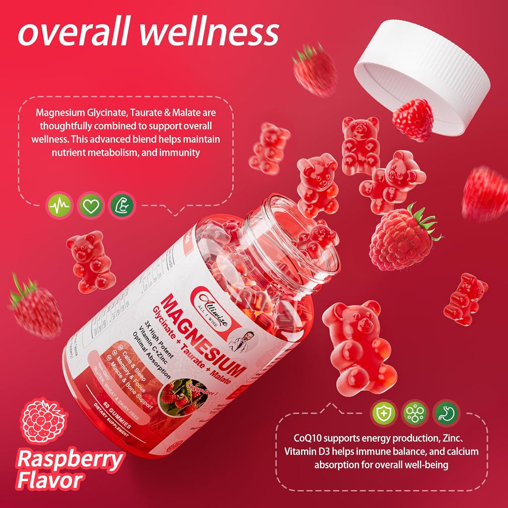 Magnesium Glycinate Gummies,Magnesium Potassium Supplement with Taurate, Malate, Vitamins D, C, B6, Calcium,Body Support,Raspberry Magnesium Gummies for Adults&Kids