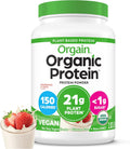 Orgain Organic Vegan Protein Powder, Strawberries & Cream - 21g Plant Based Protein, 4g Prebiotic Fiber, Low Net Carb, No Lactose Ingredients, No Added Sugar, Non-GMO, For Shakes & Smoothies, 2.03 lb