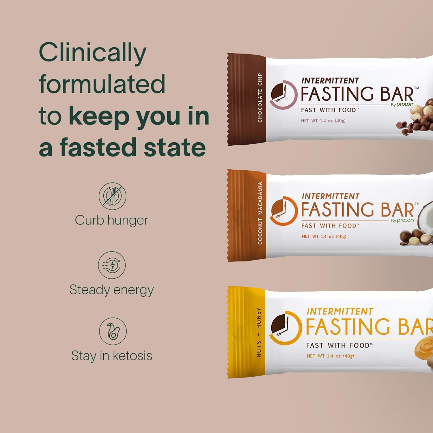 Prolon Fasting Bars | 5g Protein, 7g Fiber | Keto-Friendly, Gluten-Free, Dairy-Free, Plant-Based | Nutrition for Intermittent Fasting | Variety Pack | Nuts & Honey, Chocolate Chip, Coconut Macadamia (24 Count)