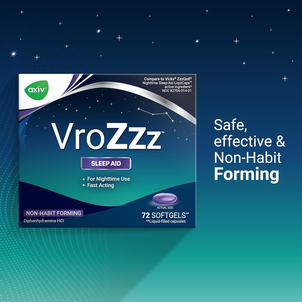 AXIV VrozZZ Sleep Aid Softgels, Nighttime Sleep Aid Liquid-Filled Capsules, for Nighttime use, Non-Habit Forming, 25mg Diphenhydramine HCI, Fall Asleep Fast, 72 Count