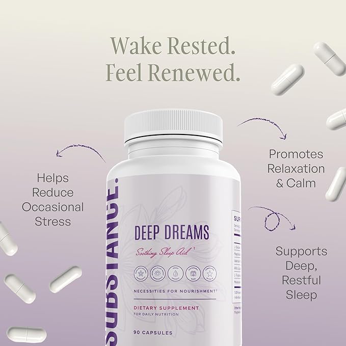 SUBSTANCE. Nature’s Deep Dreams Soothing Sleep Aid – Melatonin, L-Glycine, L-Tryptophan, Valerian Root & Jujube Extract – Natural Sleep Support Supplement for Restful Sleep – 90 Capsules