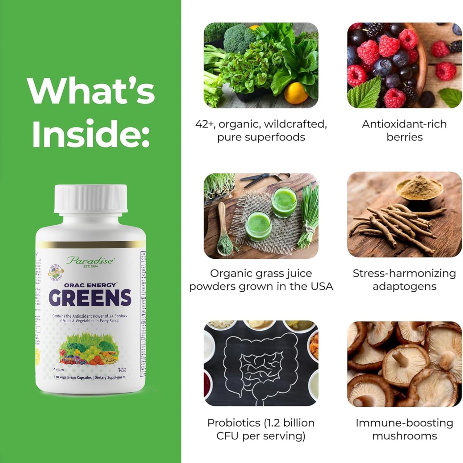 Paradise Herbs, ORAC Energy, Superfood Capsules, Includes Over 42 Organic & Wild-Crafted Ingredients, Probiotics & Enzymes, 120