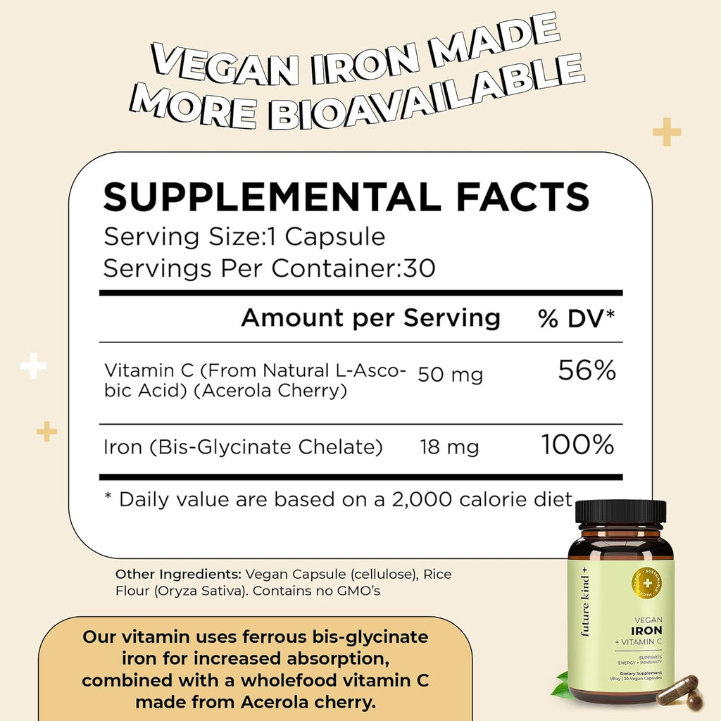Future Kind Vegan Iron Supplement for Men & Women with Vitamin C for Energy, Focus and Immunity Support - 30-Day Supply, One Capsule a Day (30ct in Glass Bottle)