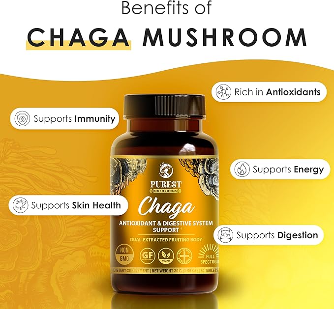 Chaga Mushroom Extract Tablets - 30g Monthly Supply - Dual-Extraction Fruiting Body - 35%+ Beta-glucans + Active Compounds - Wild Harvested Pure Birch Tree Grown - No Fillers or Additives