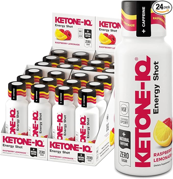 Ketone-IQ Ketone Energy Shots - 100mg Green Tea Caffeine, 5g Exogenous Ketones, and B Vitamins - 24 On The Go Caffeine Shots - Fast Acting Energy Drink (Raspberry Lemonade)