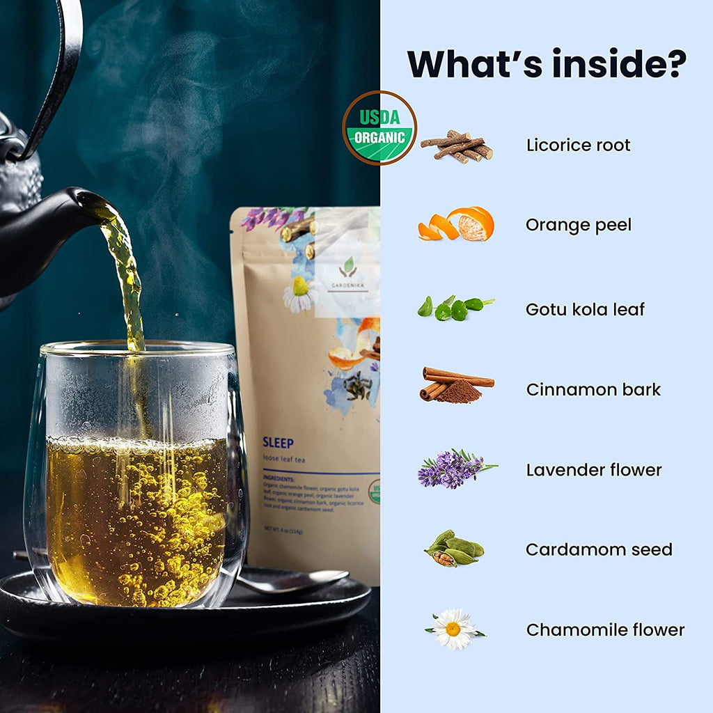 Gardenika Organic Sleep Loose Leaf Tea with Chamomile and Lavender Flowers, Herbal Caffeine Free Leaves, Ayurvedic Blend - 3 Pack