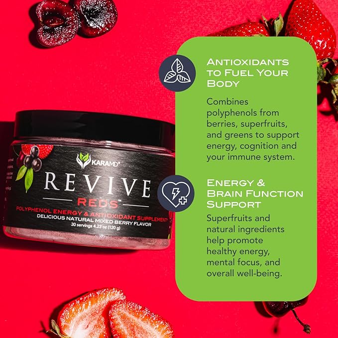 KaraMD Revive Reds | Delicious Energy Boosting Concentrated Polyphenol Blend | Vegan Friendly, Gluten Free & Non-GMO Superfood Powder | Antioxidant Powder Containing Shilajit & Enzymes (30 Servings)