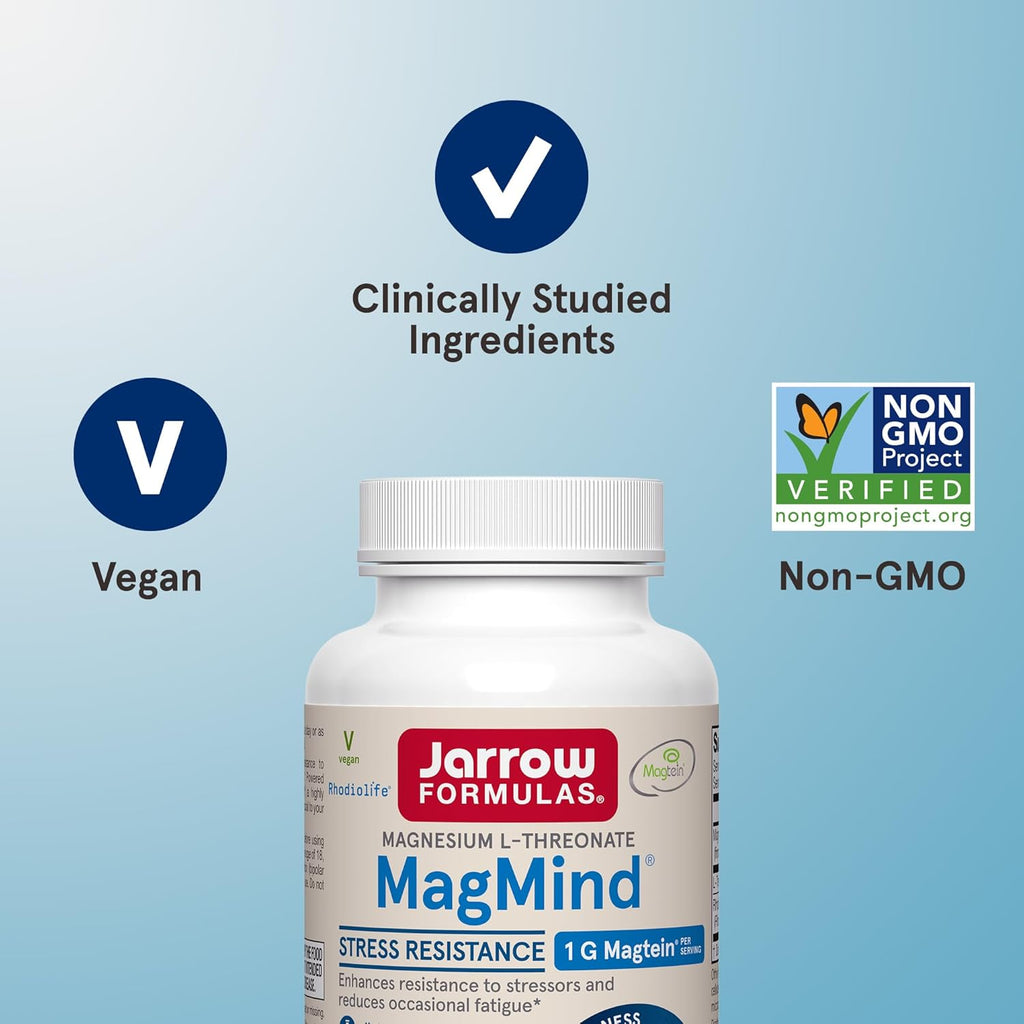 Jarrow Formulas Magnesium L-Threonate, MagMind Stress Resistance with L-Theanine and Rhodiolife, High Absorption Magnesium, Stress Relief and Mood Support, 60 Veggie Capsules, Up to a 30 Day Supply