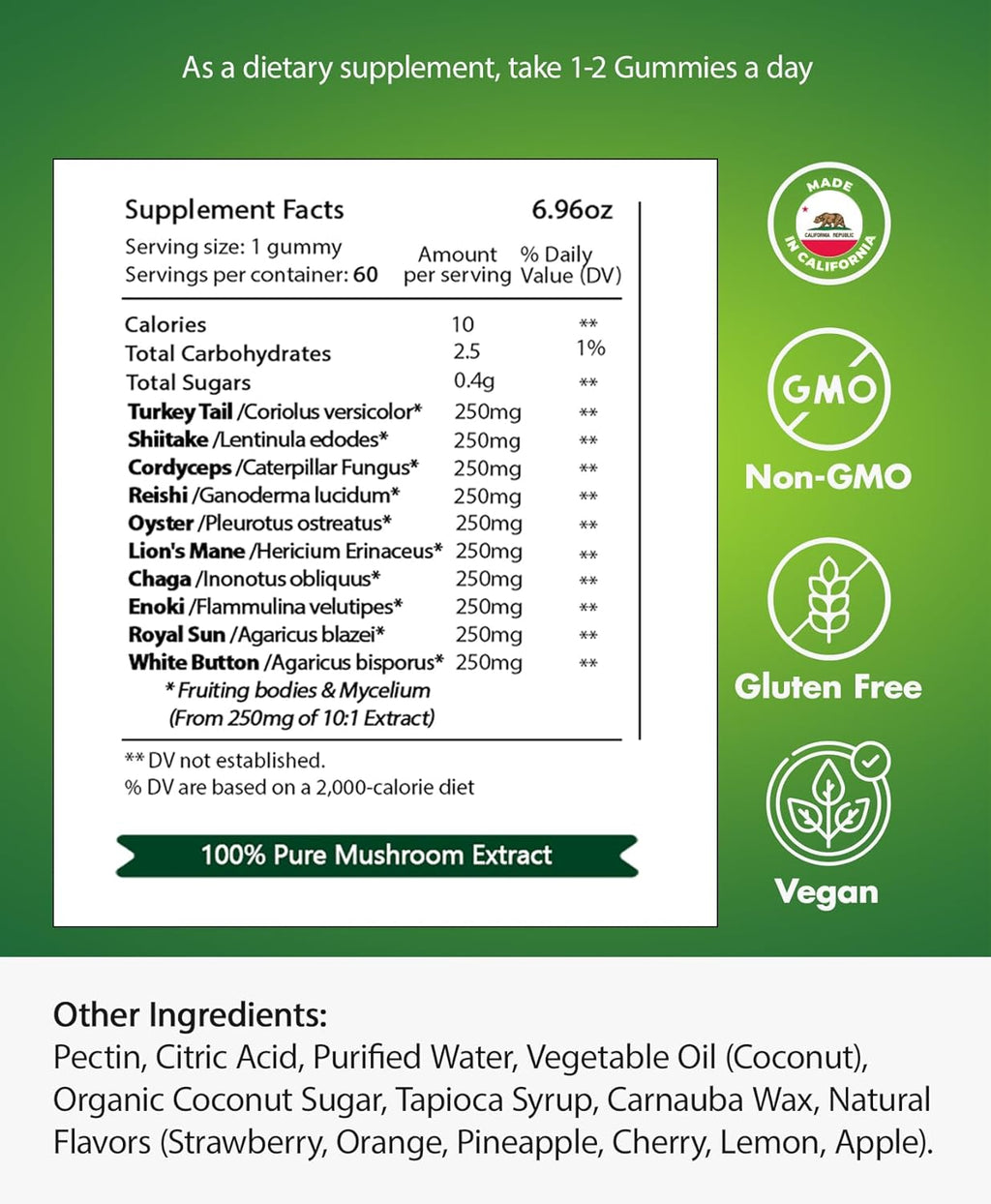 Mushroom Gummies – 10 Mushroom Complex with Lion’s Mane, Reishi, Chaga, Cordyceps & More – Fruity Vegan Gummies – Non-GMO, Gluten-Free, Plant-Based – 1 Pack
