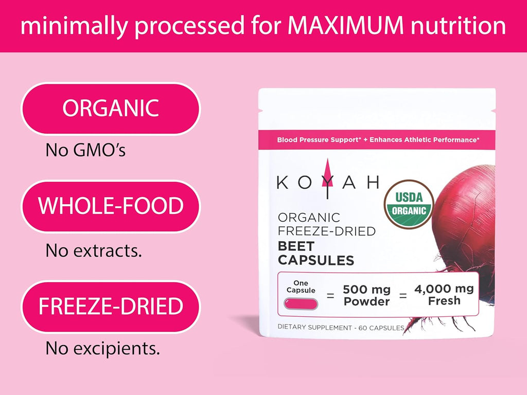 KOYAH Organic Beet Capsules – Freeze-Dried Whole Beet Root – 500 mg Powder per Capsule (Equivalent to 4,000 mg Fresh Beets) – Supports Blood Pressure & Athletic Performance