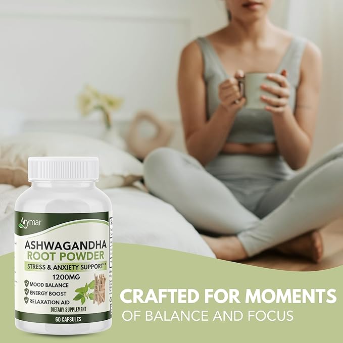 Arymar Ashwagandha Root Powder Capsules – 60 Capsules – Adaptogenic Herbal Supplement