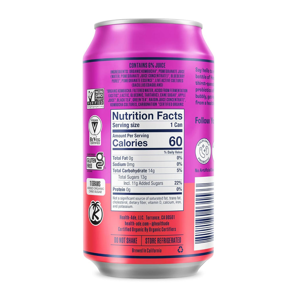 Health-Ade Pomegranate Blueberry Kombucha, Organic Drink, 12-Pack (11.5 Fl Oz Cans) - Fermented Tea with Probiotics, Detoxifying Acids, Supports Gut Health - Non-GMO, Vegan, Gluten-Free