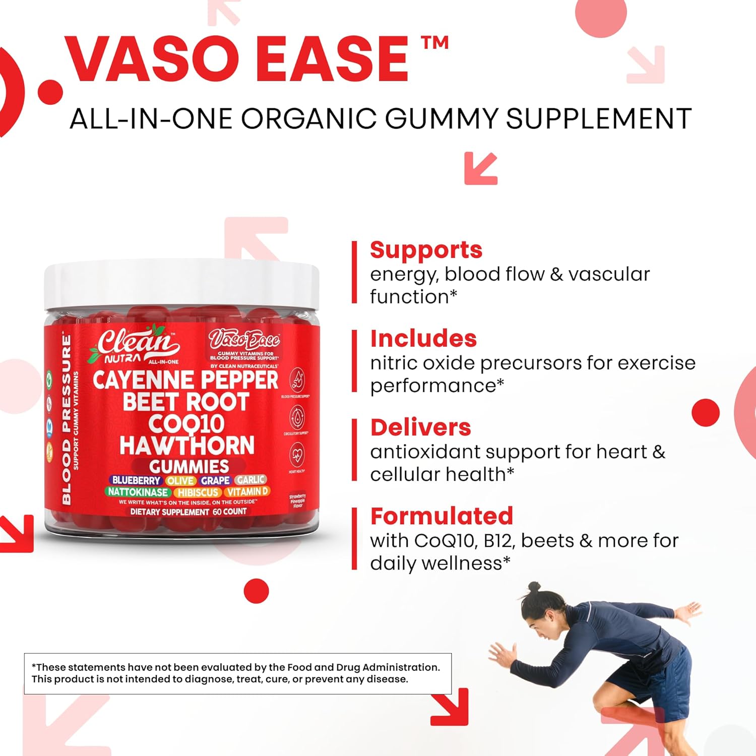Clean Nutra Cayenne Pepper Beetroot Gummies Beet Root Garlic CoQ10 Hawthorn Berry Grape Seed Extract Olive Leaf Nattokinase Hibiscus Vitamin D Nitric Oxide - VasoEase