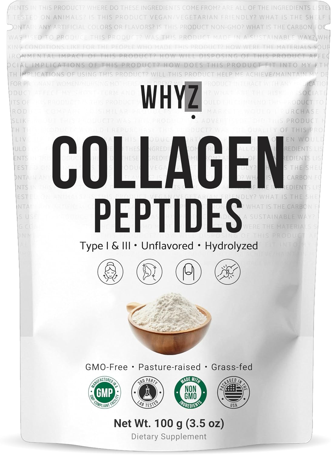 Bovine Collagen Peptides Powder Hydrolyzed Type I & III Protein, Grass-Fed Pasture-Raised Source, Unflavored Collagen Supplement Paleo-Friendly for Active Lifestyles & Wellness Non-GMO, 100g