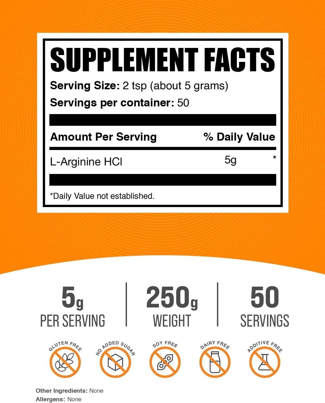 BulkSupplements.com L-Arginine HCl Powder - Nitric Oxide Supplement, Arginine Powder - Unflavored & Gluten Free, 5g per Serving, 250g (8.8 oz) (Pack of 1)