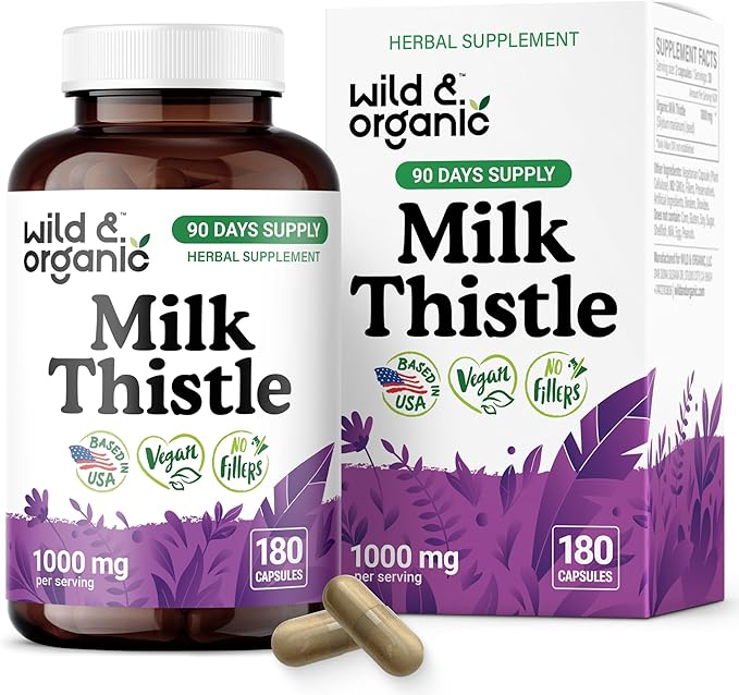 Wild & Organic Milk Thistle Capsules 1000mg - Liver Supplement - Silymarin Milk Thistle Seeds Powder for Liver Support - 180 Vegan Capsules - 3-Month Supply - No Fillers, Non-GMO