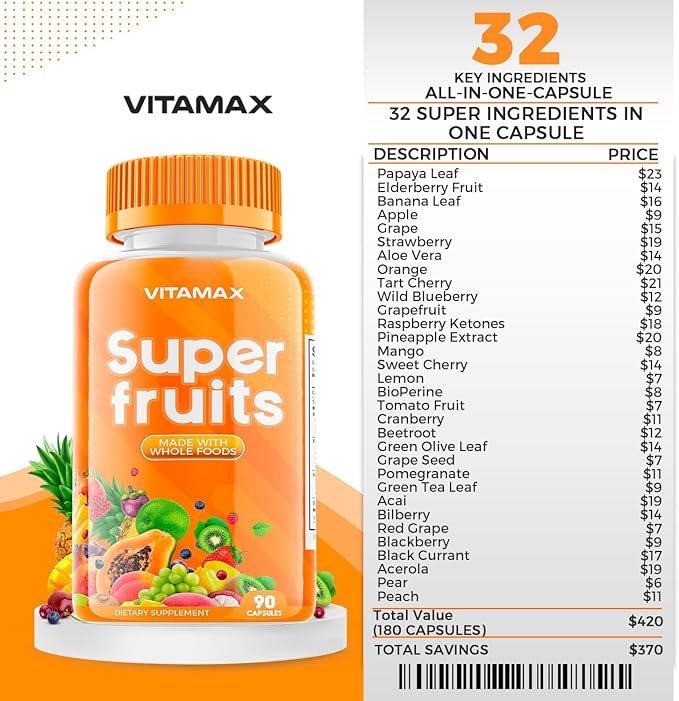 Vitamax Super Fruit and Vegetable Supplements – Whole Superfood Vitamins & Minerals – 90 Veggie and 90 Fruit Capsules for Women, Men, and Kids - Soy Free – Made in The USA