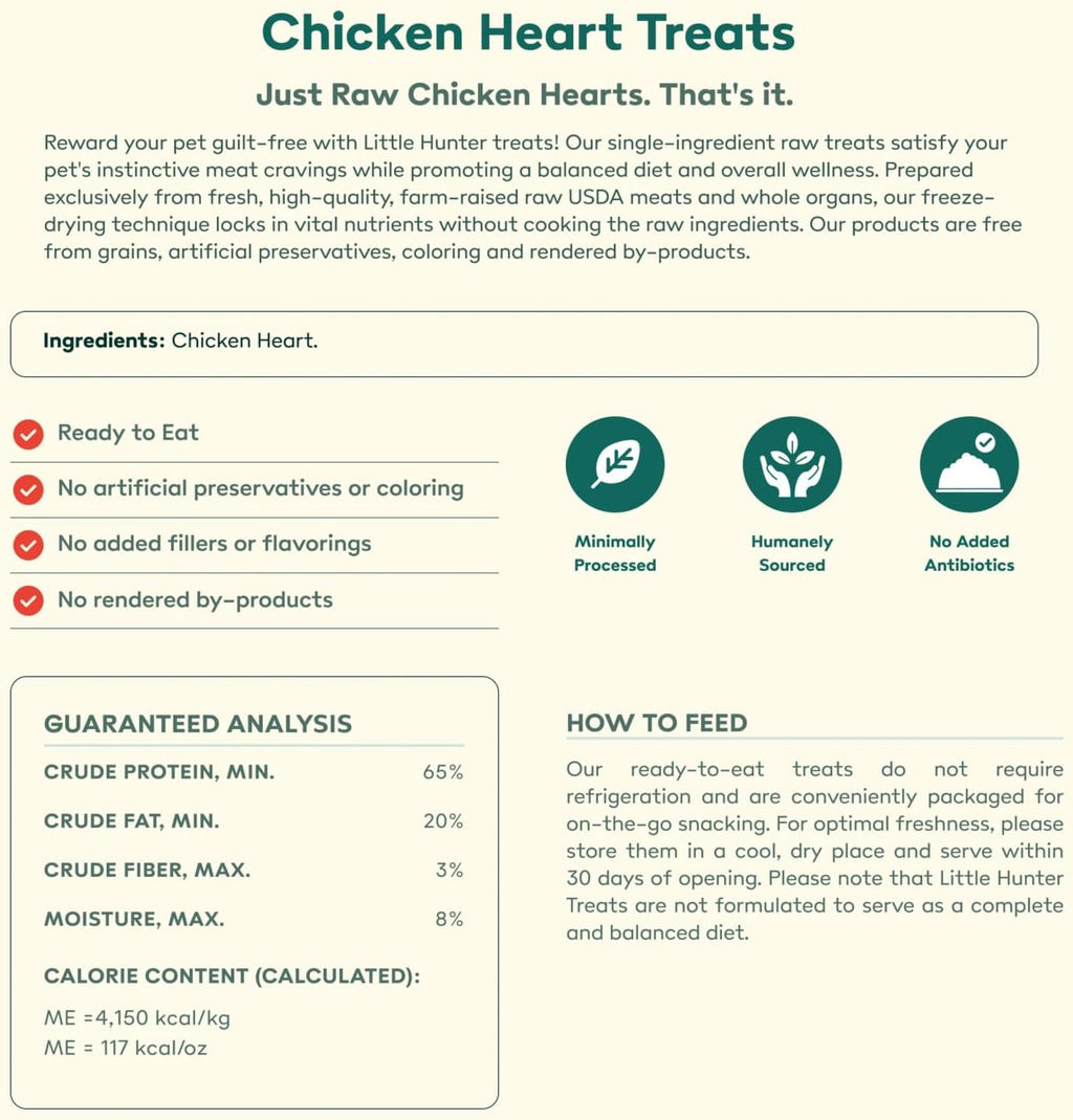 Little Hunter Freeze Dried Dog Treats - Chicken Hearts - Raw Single Ingredient Chicken Heart Dog Treats for Snacks, Training, Dog Food Toppers - All Natural, Healthy Dog & Puppy Treats, 2 oz