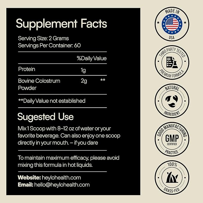 Heylo Premium Colostrum Powder – 100% Pure, Grass-Fed Bovine 40% IgG Supplement, Natural Gut Health Bloating Immunity Skin & Hair, Muscle Recovery, Rich in Immunoglobulins, 60 Servings