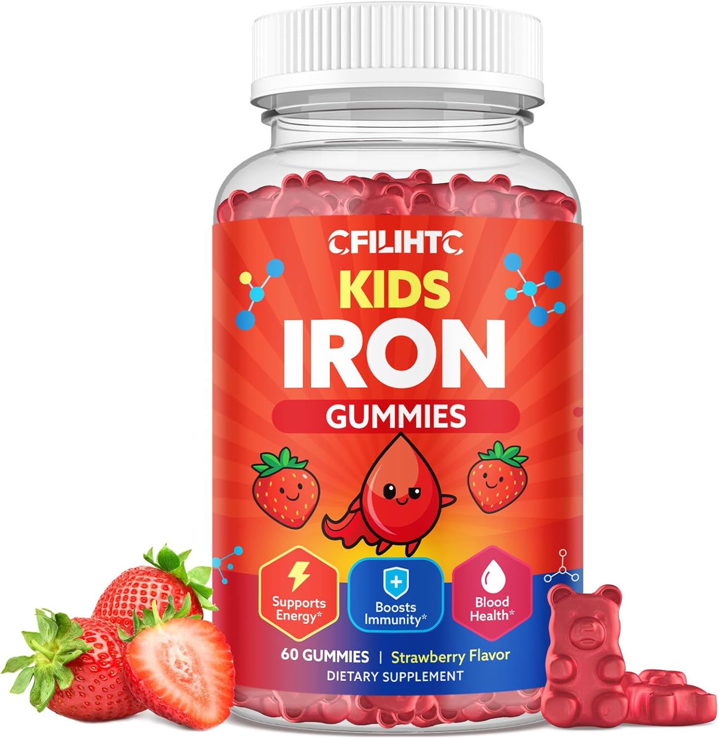 Iron Gummies for Kids & Teens, Kids Multivitamin with Iron Supplement, Calcium, Folate, Zinc, Prebiotic - for Blood Builder & Energy Support, Iron Deficiency - Vegan & Non-GMO - 60 Count