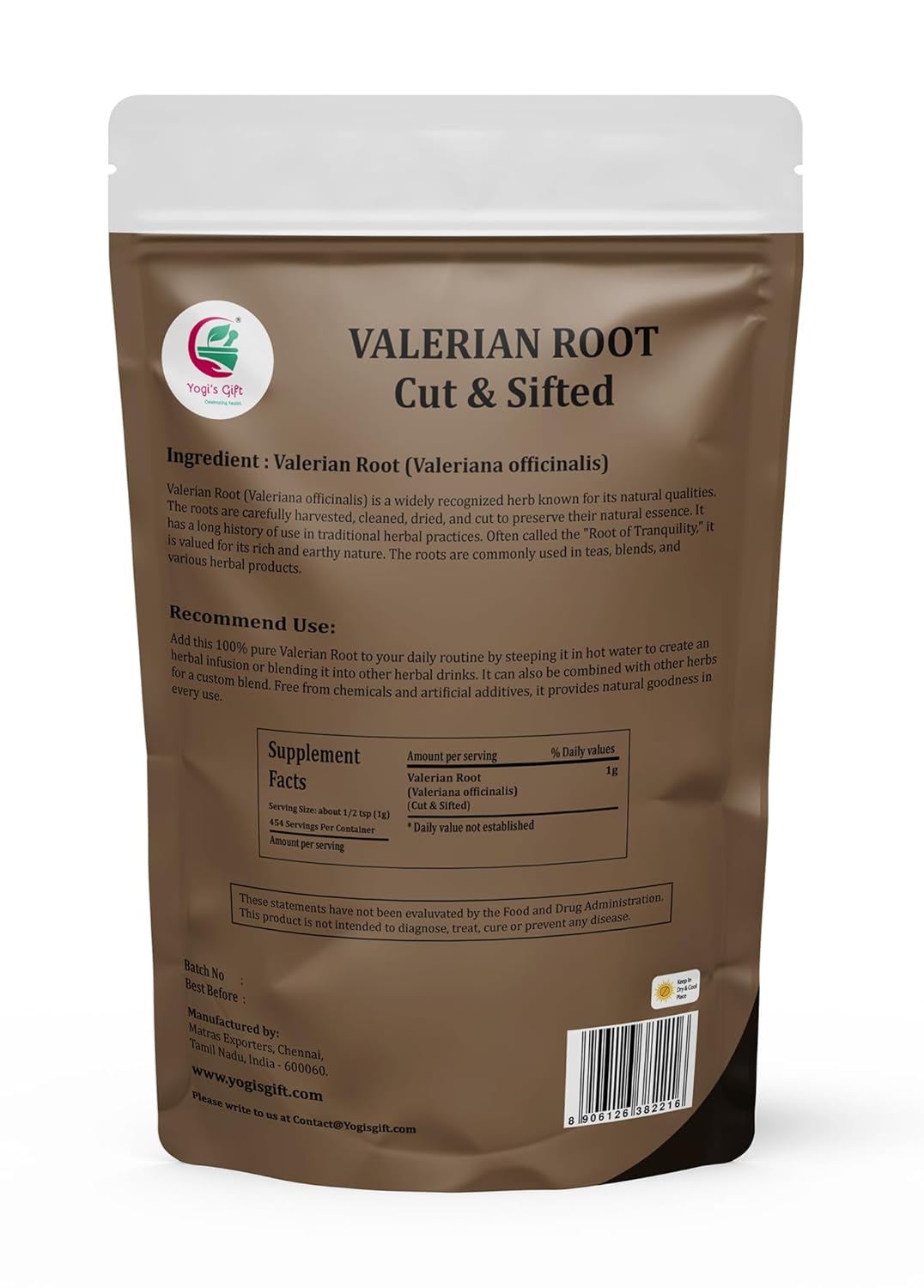 Valerian Root 1 LB, Cut & Sifted, 100% Natural & Pure, Ideal for Tea, Herbal Blends & Wellness Uses, Resealable Bag for Freshness - By Yogi’s Gift®