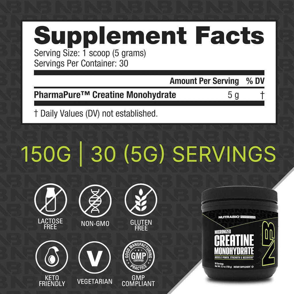 NutraBio Pure Micronized Creatine Monohydrate Powder Supplement, Unflavored, (150 g) - Supports Bulk Muscle Energy, Recovery, and Strength - HPLC Tested Creatine Powder Supplement for Men and Women