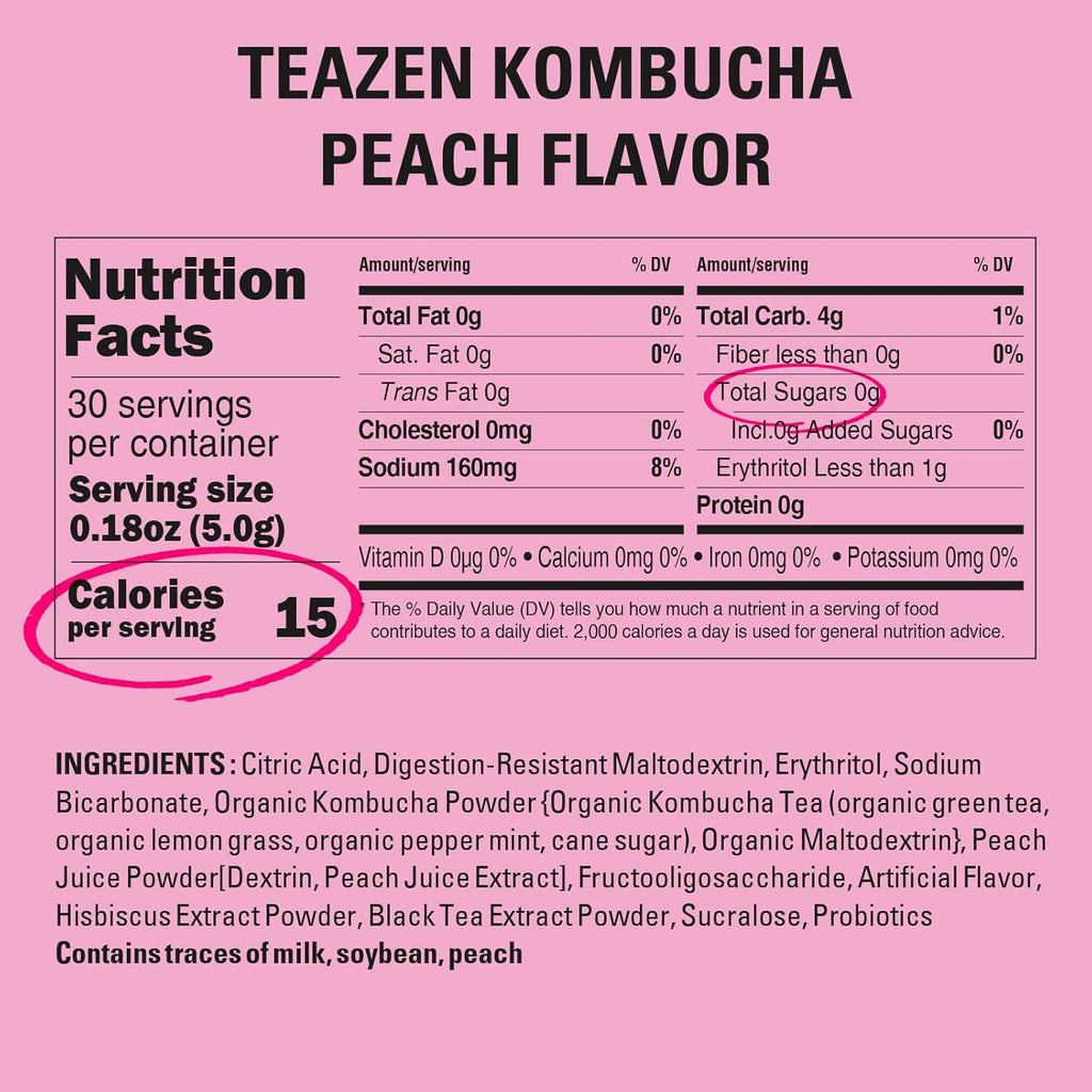 TEAZEN Peach Kombucha Tea, Hydration Drink Mix, Sugar Free, Live Probiotics & Prebiotics, 30 Sticks, 5.29oz