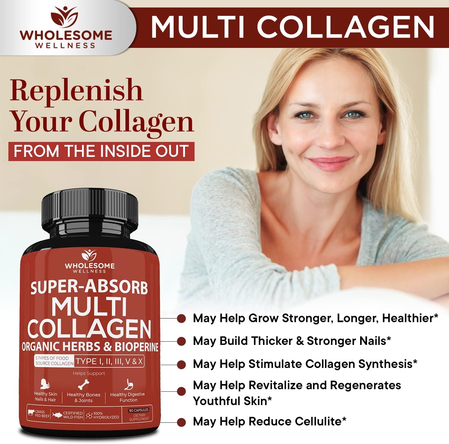 Wholesome Wellness Super-Absorb Multi Collagen Pills (Type I II III V X) Organic Herbs & Bioperine - Hair, Skin, Nails - Hydrolyzed Peptides Protein Supplement for Women & Men (90 Capsules)