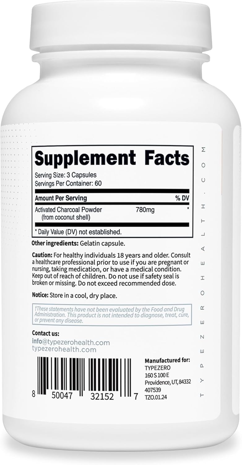Type Zero Activated Charcoal Capsules (180 Count) - 60 Servings, 780mg Per Serving, from Coconut Shell, Non-GMO, Gluten-Free