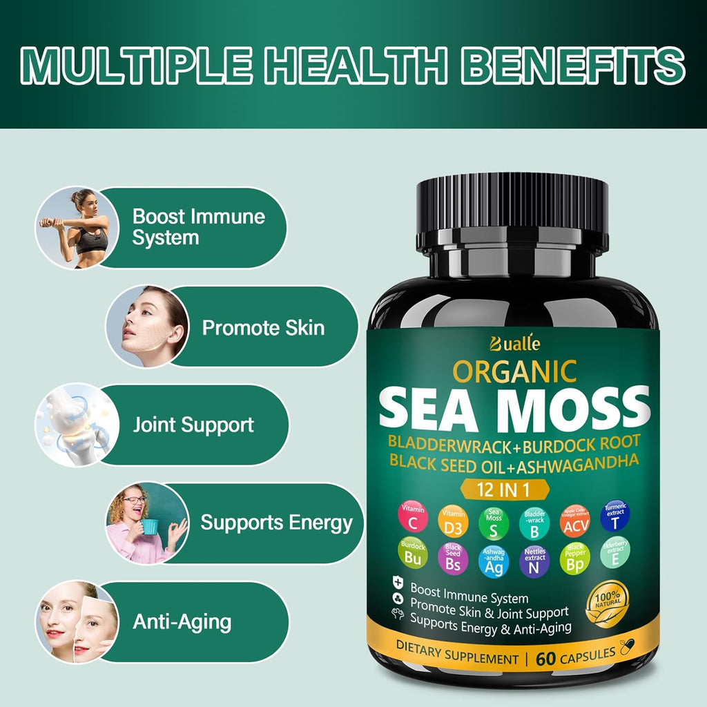 Bualle Organic Sea Moss Capsules with Sea Moss,Black Seed Oil,Ashwagandha,Bladderwrack,Ginger,Burdock Root for Immune System,Skin,Energy Support-120 Capsules (2 Pack)
